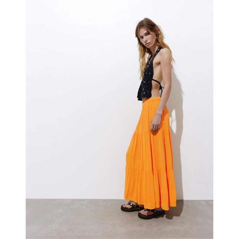 Pull&Bear Paneled midi skirt in orange