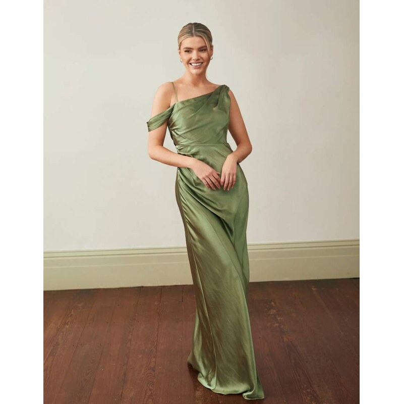 Six Stories Bridesmaid satin asymmetric cowl neck maxi dress in