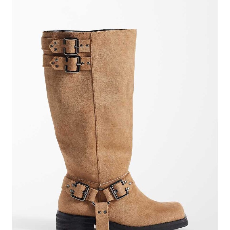Public Desire Wide Fit Rooftop harness knee boots in taupe