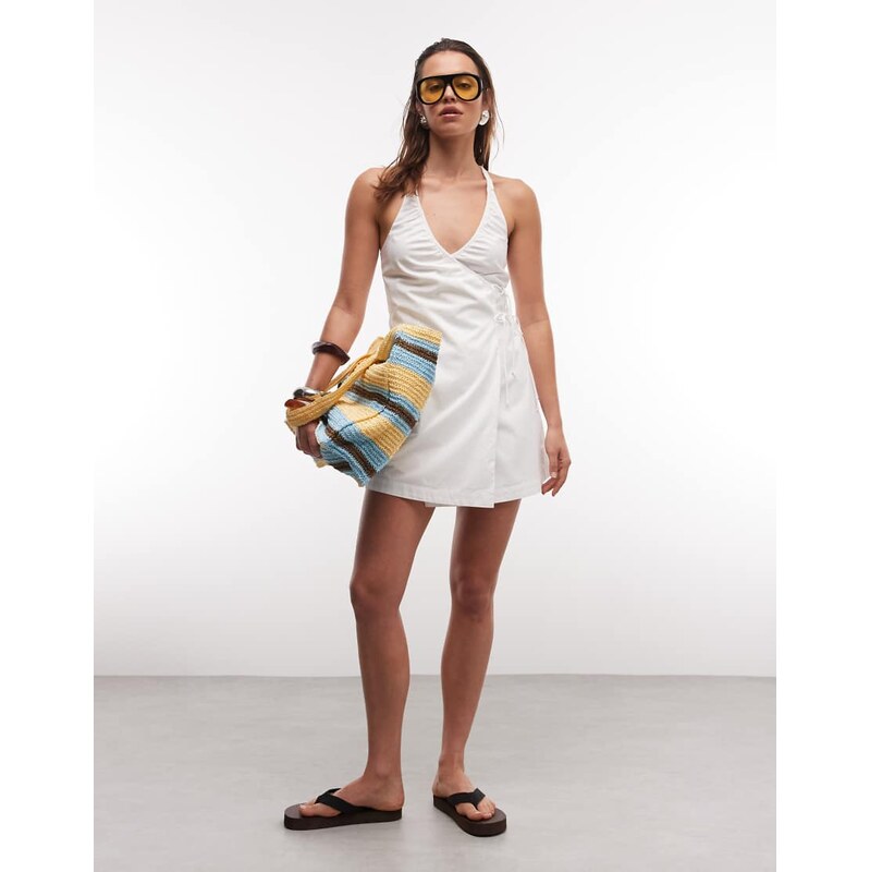 Cotton On isabelle wrap halter mini dress in white