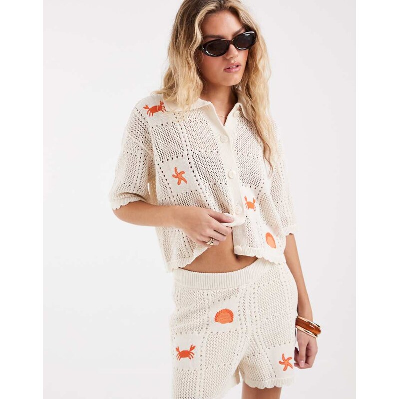 Vero Moda short sleeve crochet polo co-ord in cream with crab