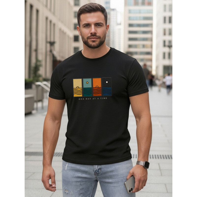 FashionStreet Pánské bavlněné tričko s potiskem černé NX5103R
