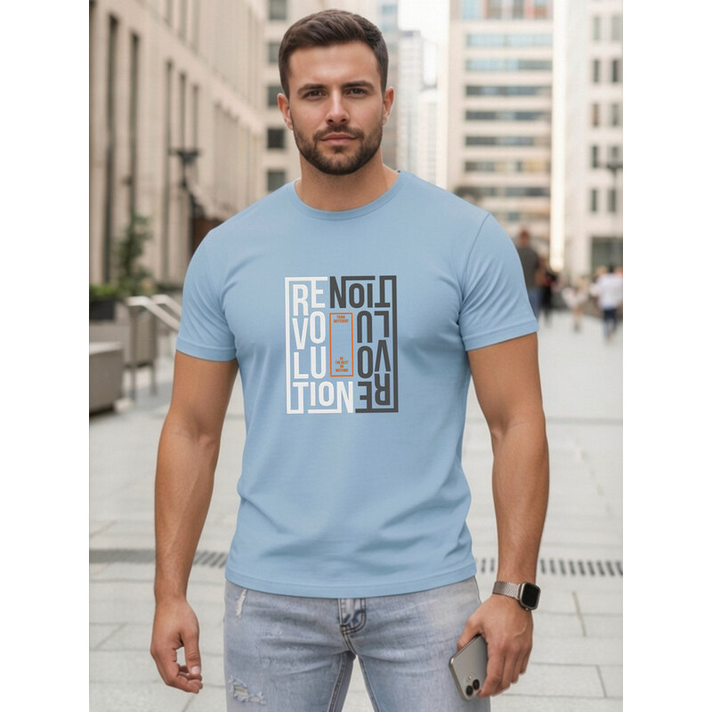 Pánské modré bavlněné tričko s potiskem Revolution FashionStreet