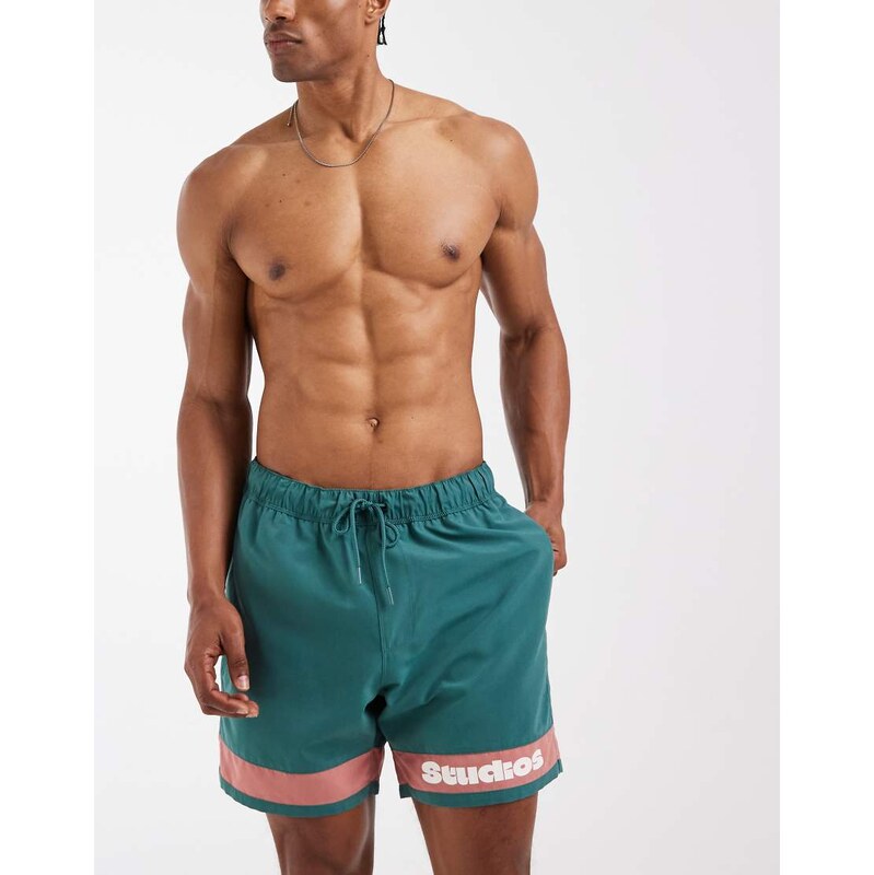 ASOS DESIGN swim shorts in mid length with placement print in