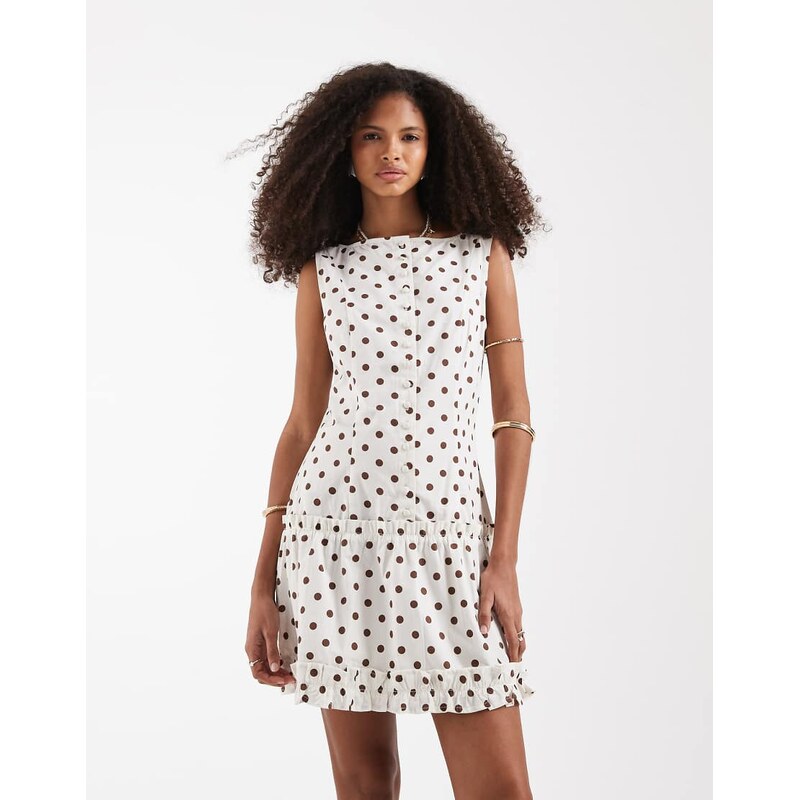 Neon Rose button up mini dress in cream polka dot-White