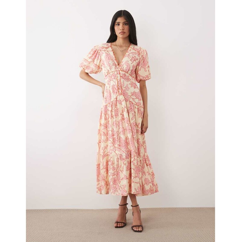 Hope & Ivy v neck puff sleeve midi dress in pink floral