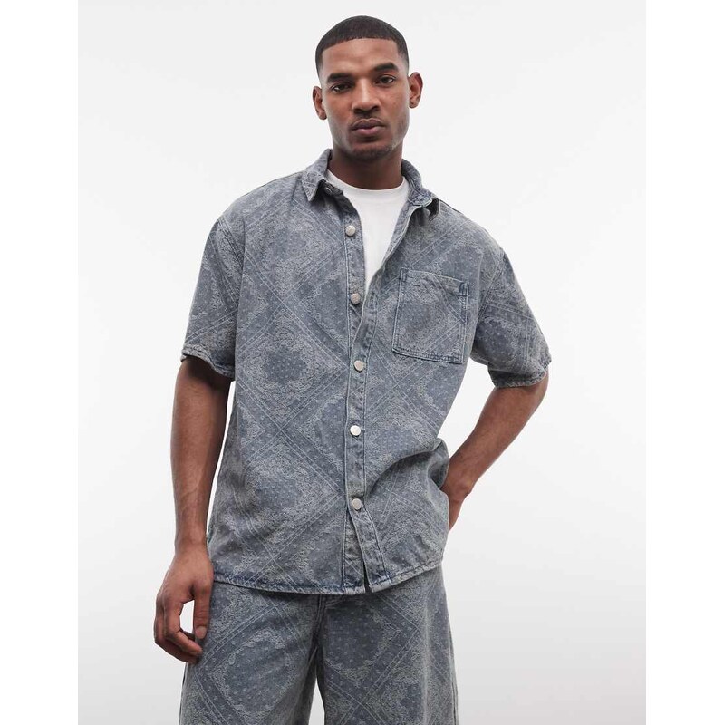 Liquor N Poker relaxed denim shirt co-ord in blue paisley