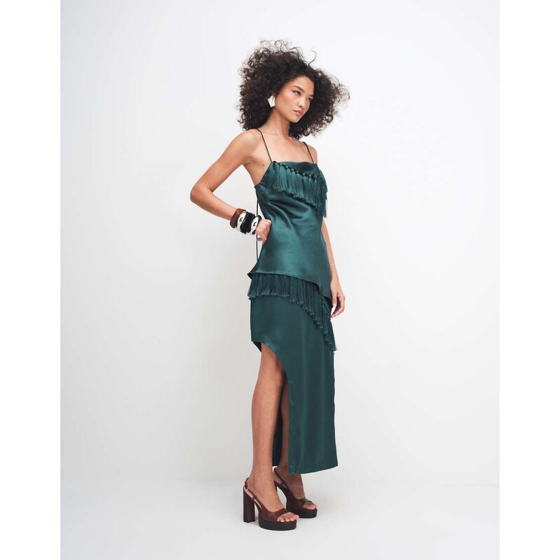 ASOS DESIGN satin midi skirt with tassel detail in dark green