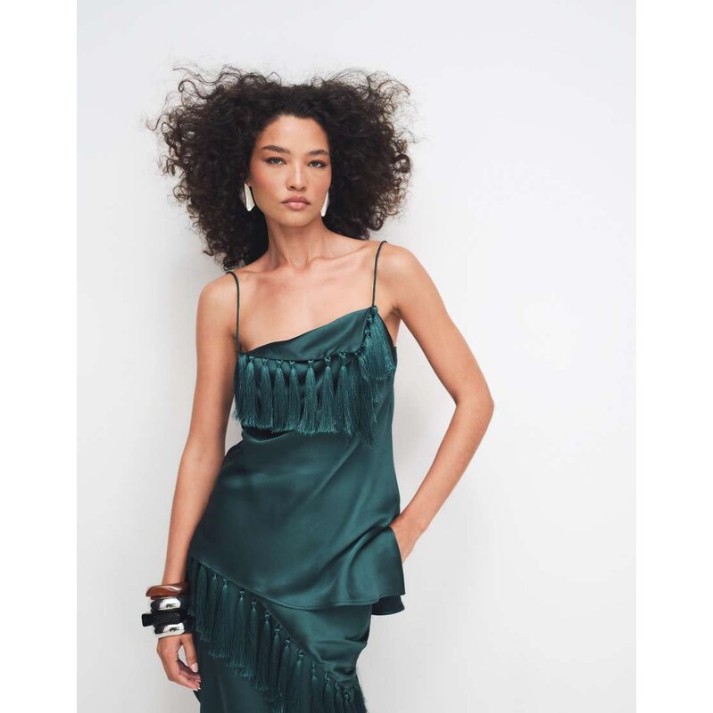 ASOS DESIGN satin cami with tassel detail in dark green