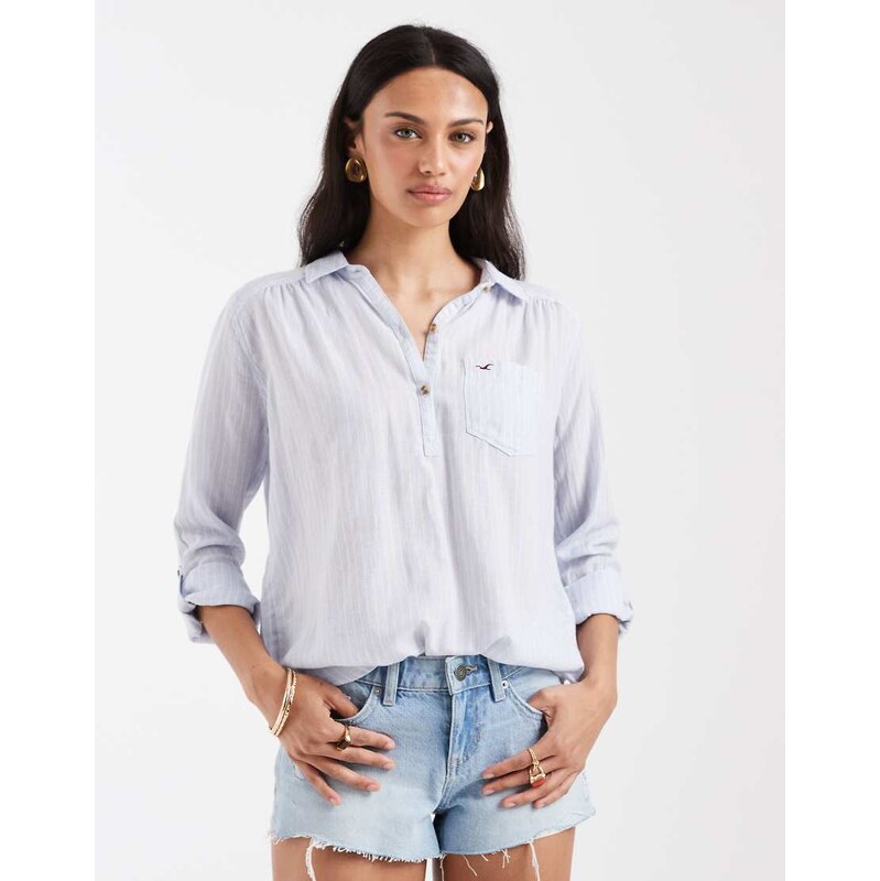 Hollister oversized 1/4 button up shirt in blue stripe