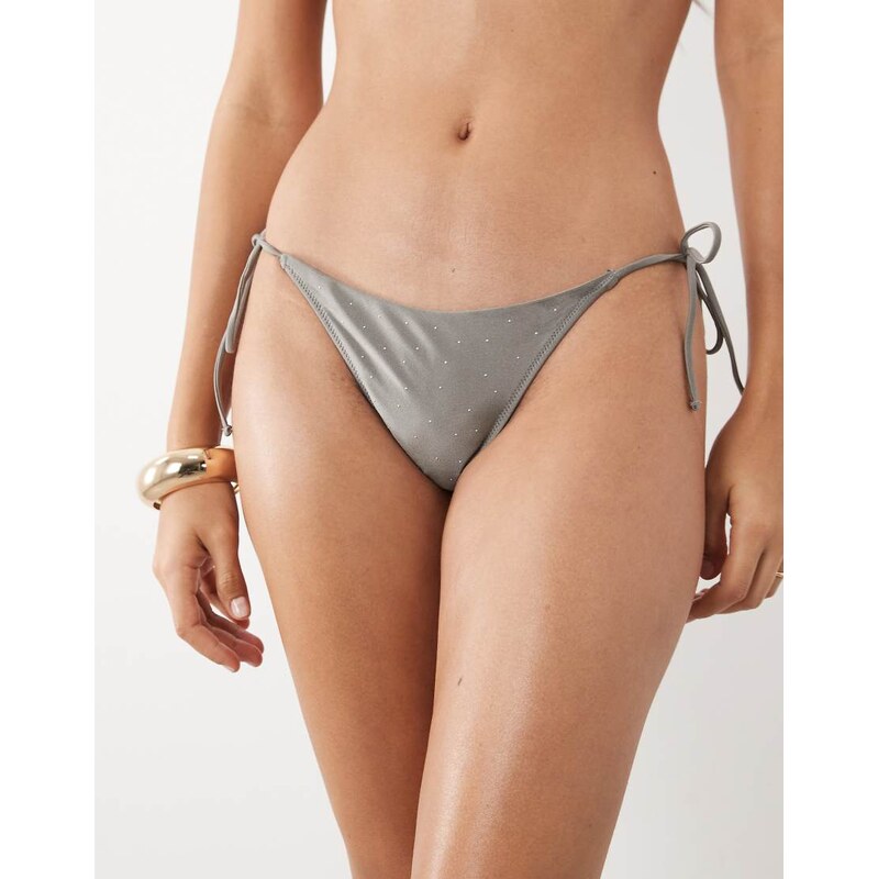Mango hotfix embellished tie side bikini bottom in grey