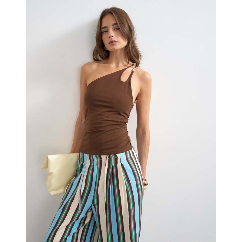Topshop one shoulder beaded strap top in chocolate-Brown