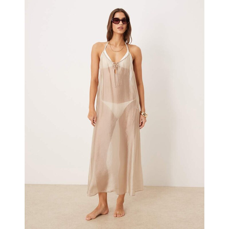 Calvin Klein sheer midi dress in tan-Brown