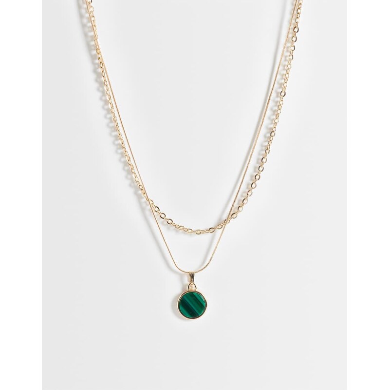 Reclaimed Vintage unisex green pendent 2 row necklace in gold
