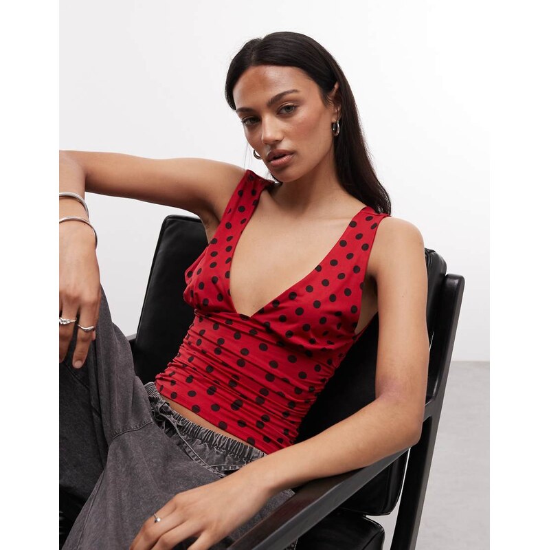 COLLUSION plunge halter in red polka dot