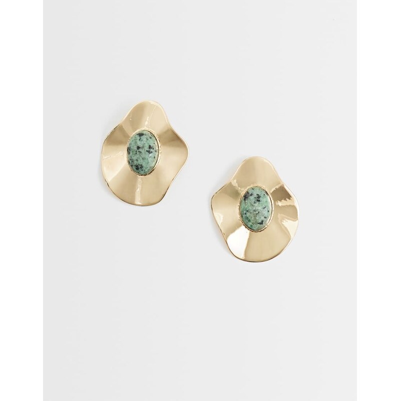 ASOS DESIGN stud earrings with molten pendant and green stone