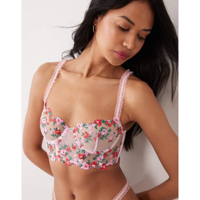 Wild Lovers Suzette embroidered floral mesh bustier bra in pink