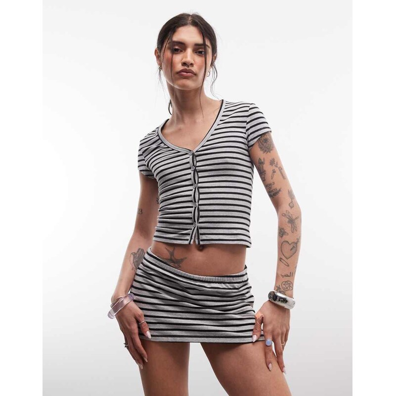 COLLUSION button down henley in grey stripe co-ord
