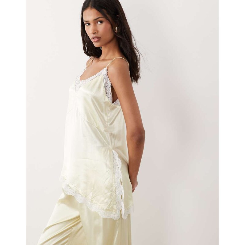 SNDYS contrast lace trim asymmetric cami top co-ord in lemon