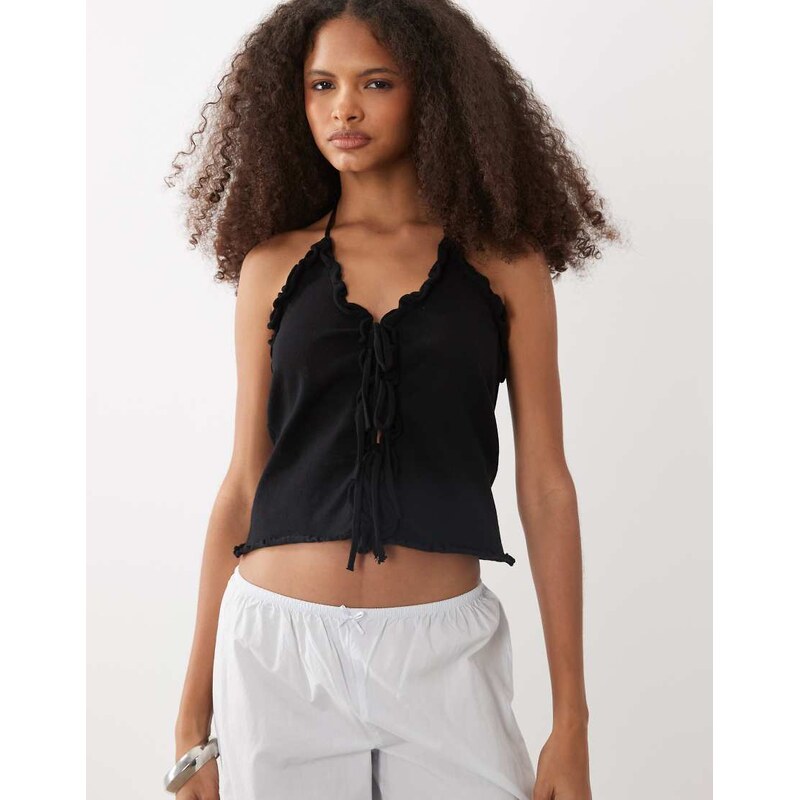 Mango Teen knitted tie front sleeveless top in black