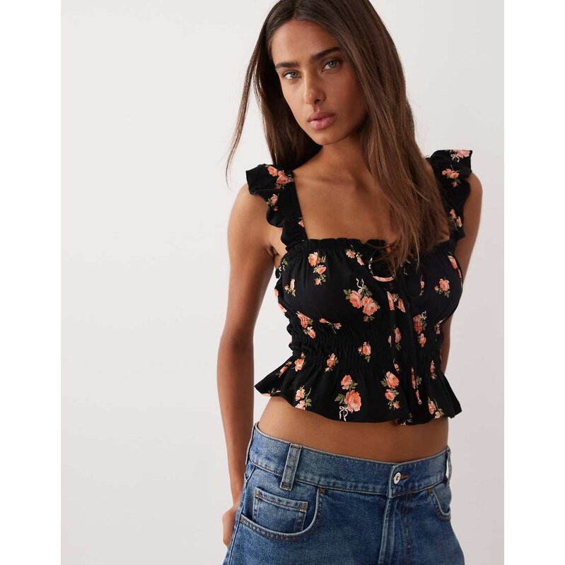 Miss Selfridge ditsy print shirred top with ruffle sleeve-Multi