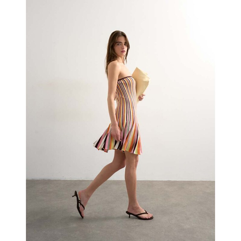 Topshop knitted bandeau flippy stripe mini dress in multi colour