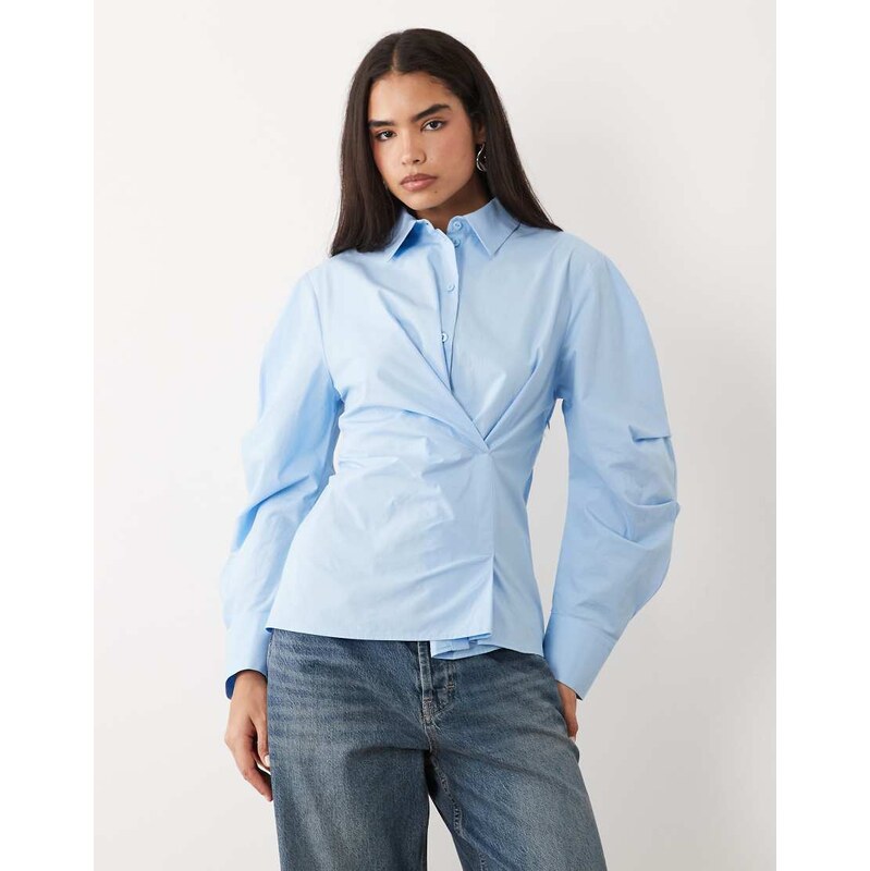 ASOS DESIGN cinched wrap cocoon sleeve shirt in blue
