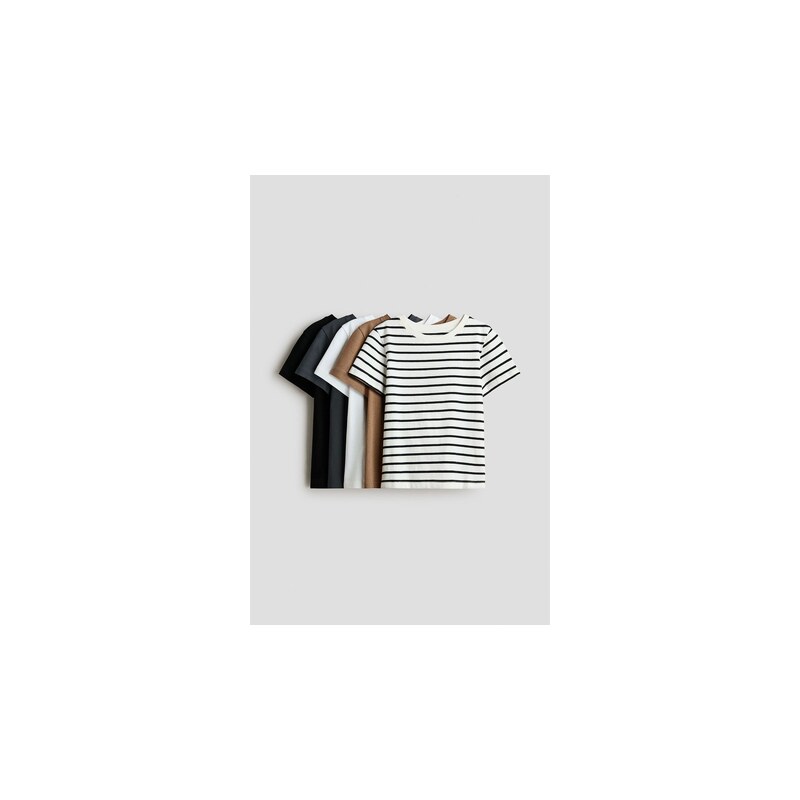 H&M - Bavlněné tričko 5 kusů - Hnědá/Černá/Tmavě Šedá