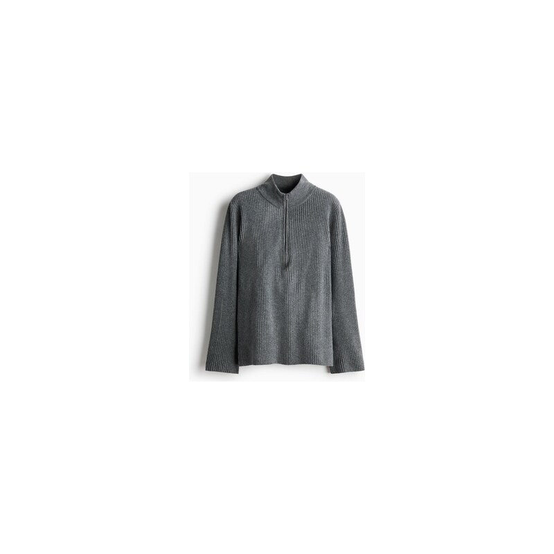 H&M - Svetr z žebrovaného úpletus horním zipem - Šedý Melír