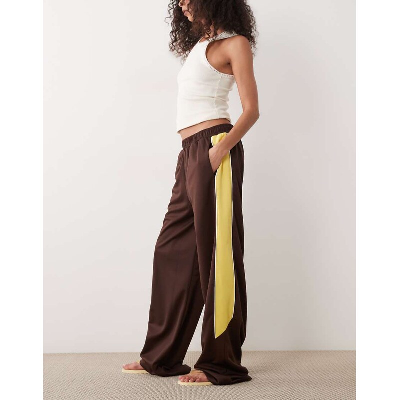 ASOS DESIGN piping detail wide leg tricot trouser in chocolate