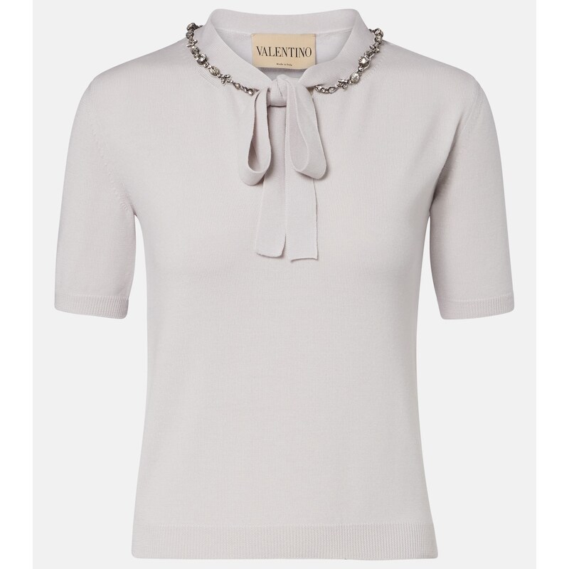 Valentino Embellished tie-neck virgin wool sweater