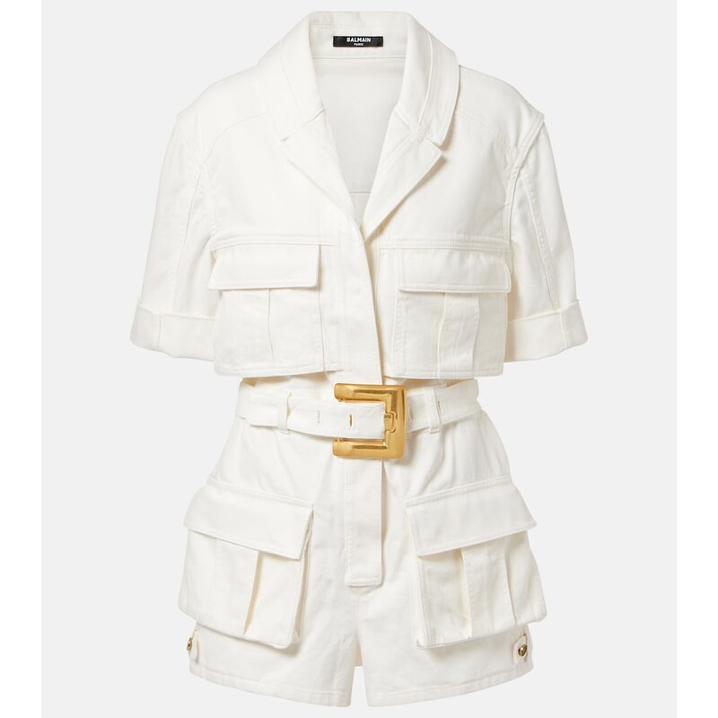 Dámská overlay Balmain Belted denim romper v barvě Ofc Blanc Cassé
