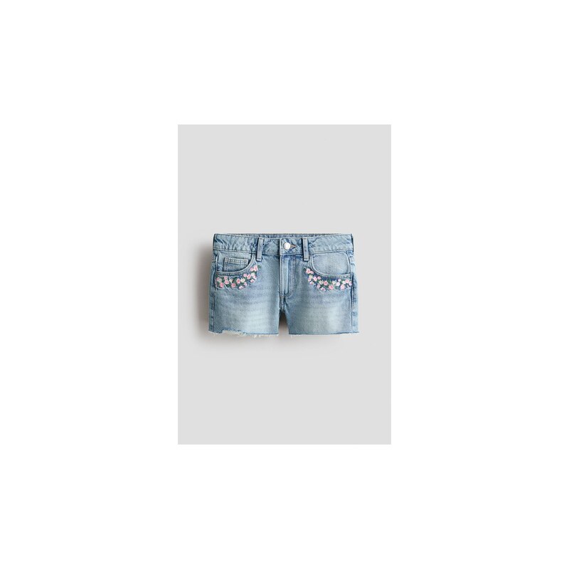 H&M - Džínové šortkys výšivkami - Světlý Denim Blue/Květiny