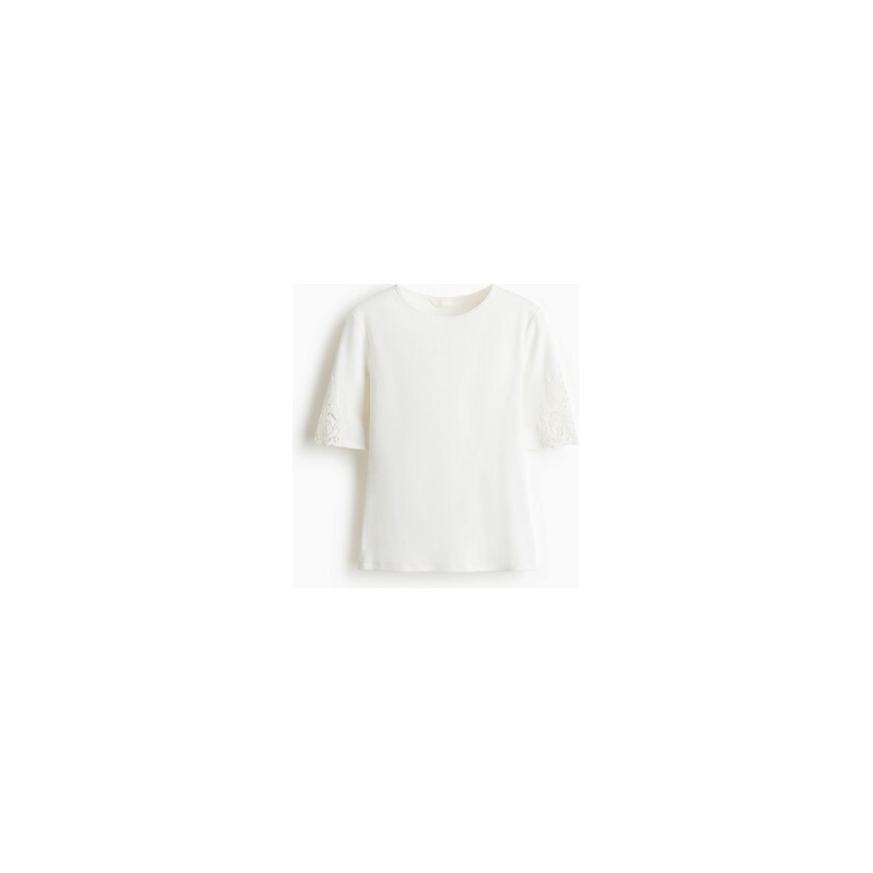 H&M - Žebrovaný tops krajkovými vsadkami - Bílá