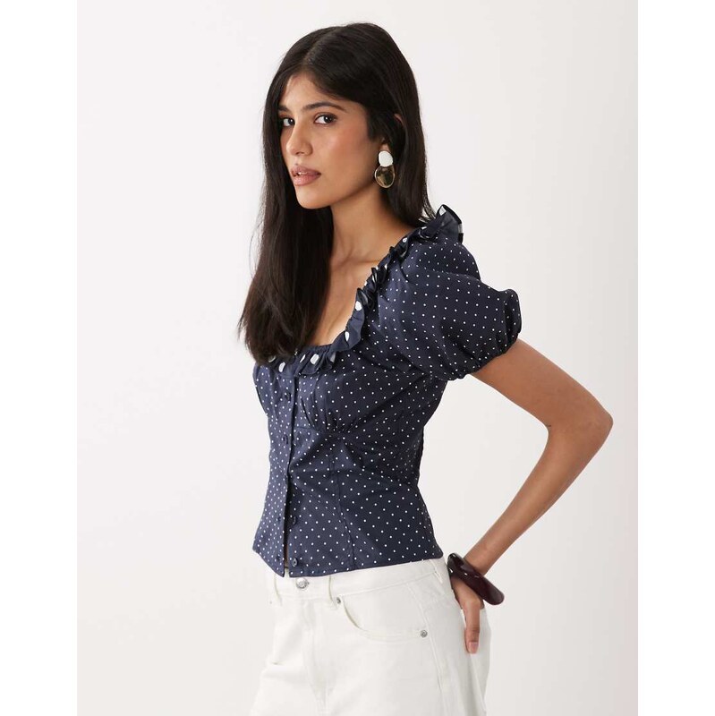 WeWoreWhat ruffle button up top in navy