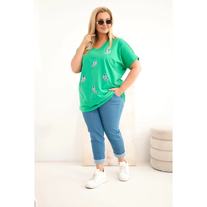 K-Fashion Dámská bavlněná halenka Plus Size s peříčky zelená