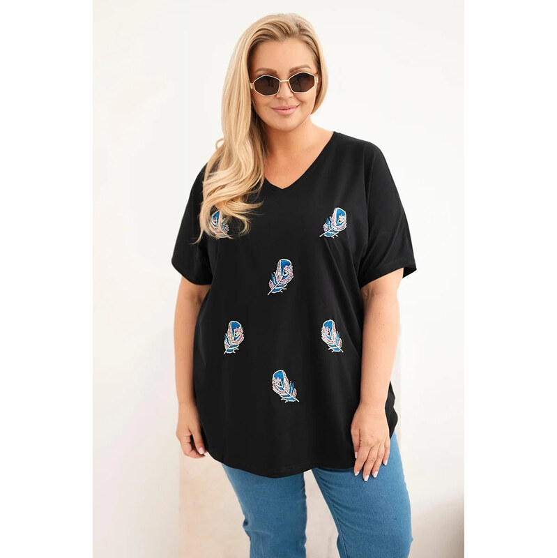 K-Fashion Dámská bavlněná halenka Plus Size s peříčky černá