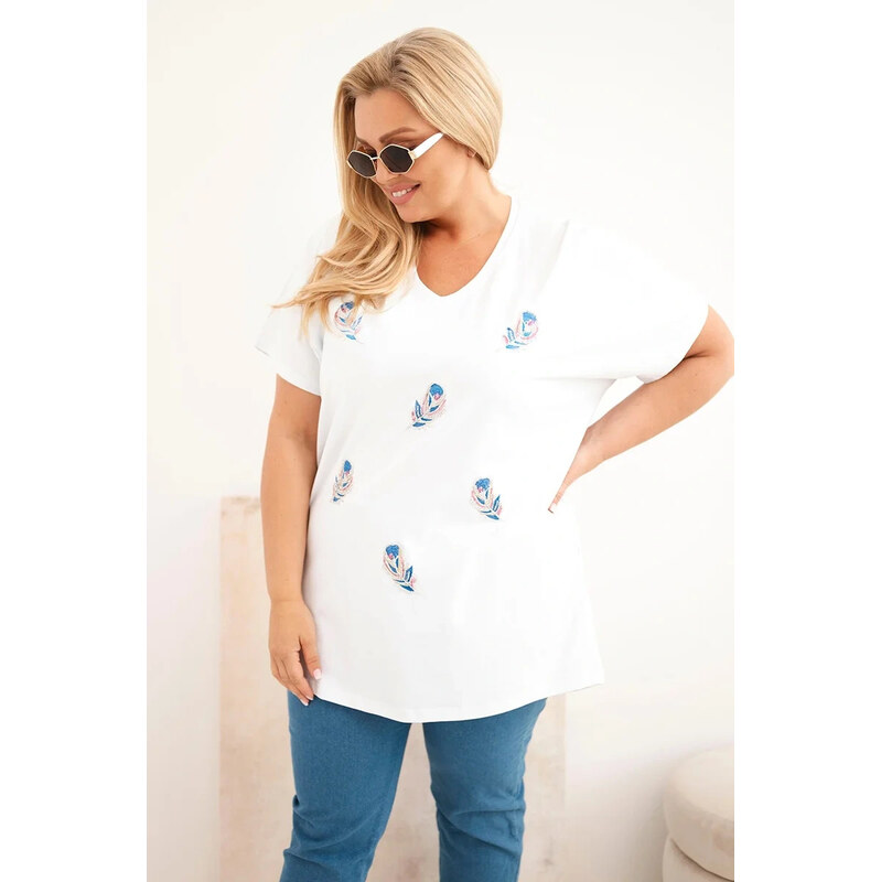 K-Fashion Dámská bavlněná halenka Plus Size s peříčky bílá