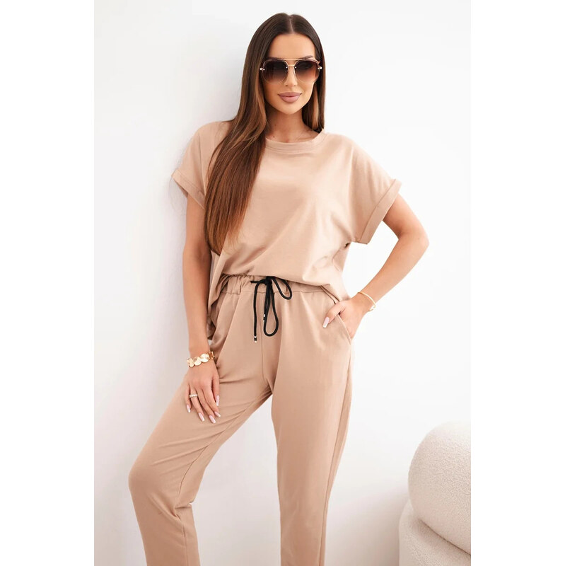K-Fashion Bavlněná souprava halenka + kalhoty velbloudí