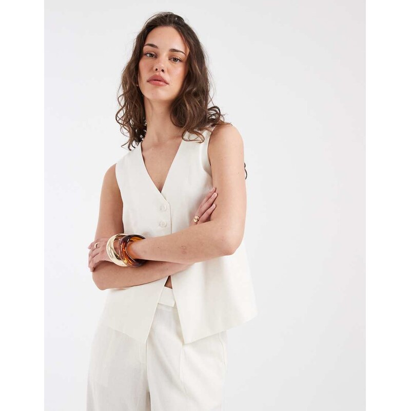 Pieces asymmetric linen-touch tailored waistcoat co-ord in white