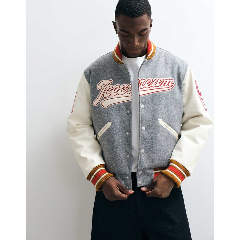 ICECREAM collegiate varsity jacket in grey and white