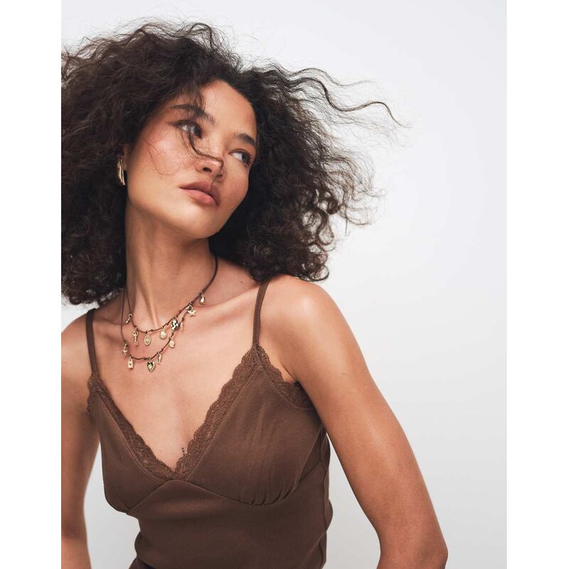 ASOS DESIGN contrast lace detail v neck cami in chocolate-Brown