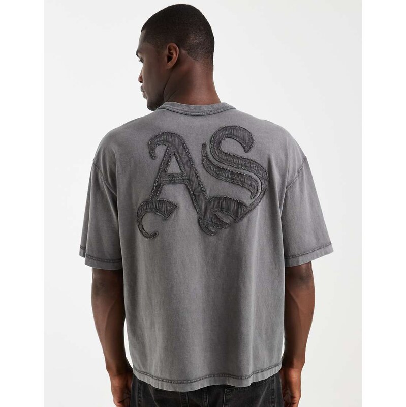 AllSaints Insigna embroidered large logo t-shirt in charcoal