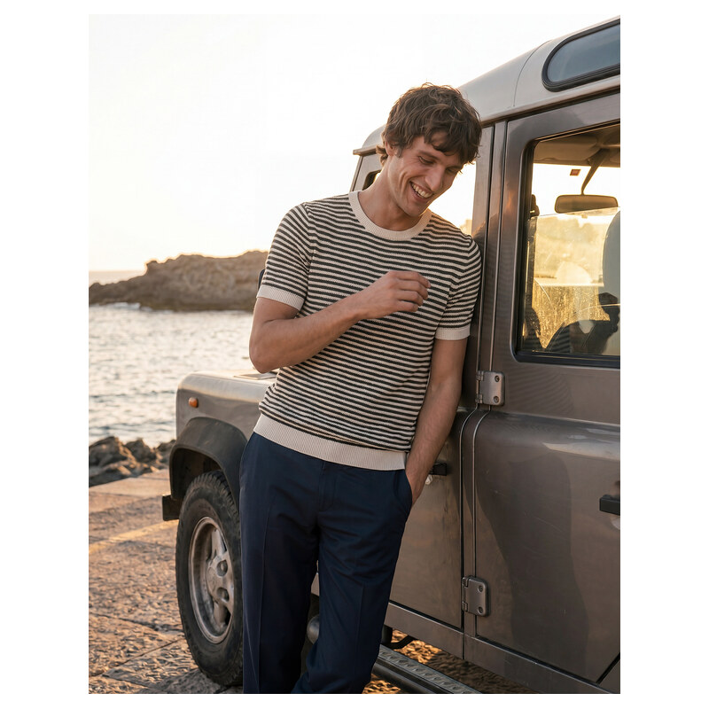 Ombre Mens knitted t-shirt with navy stripes and openwork weave