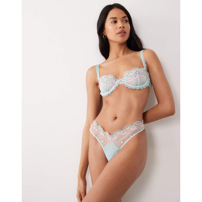 Wild Lovers Mila embroidered bow lace thong in blue