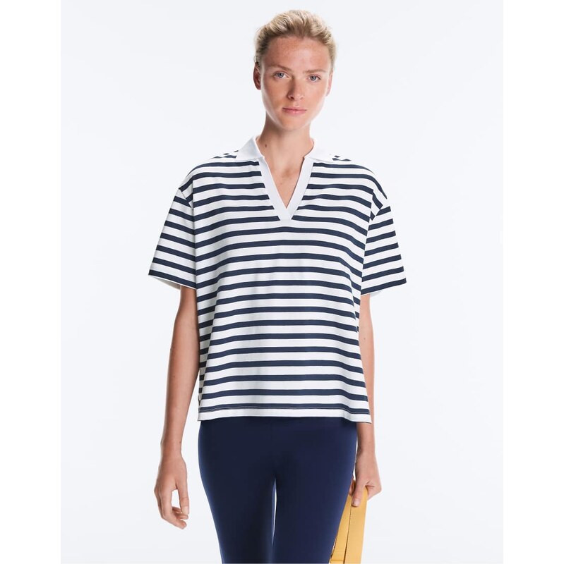 OYSHO Boxy short-sleeved polo neck cotton blend t-shirt in navy