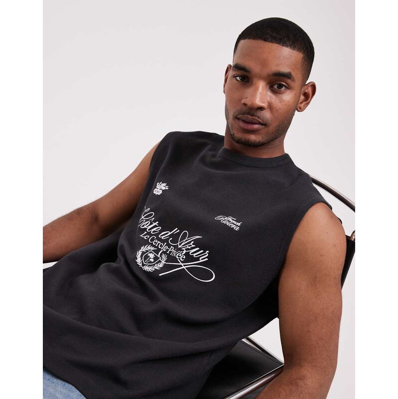 ASOS DESIGN oversized tank with football graphic in charcoal