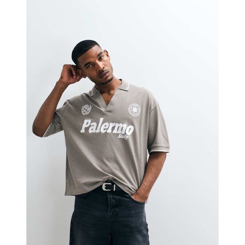 ASOS DESIGN boxy oversized polo with football graphic in grey