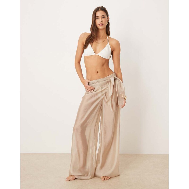 Calvin Klein sheer wide leg tie waist trousers in tan-Brown