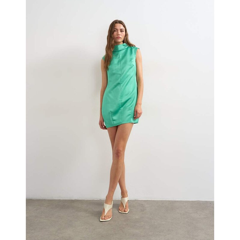 Topshop satin funnel neck barrel mini dress in spearmint green